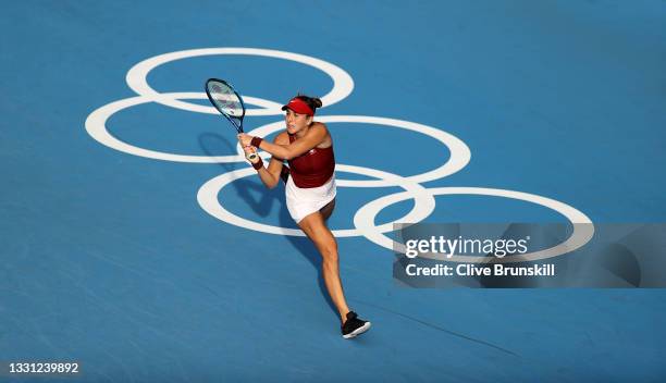 Belinda Bencic of Team Switzerland plays a backhand during her Women's Singles Semifinal match against Elena Rybakina of Team Kazakhstan on day six...