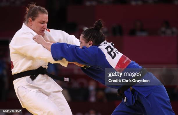 Aleksandra Babintseva of Russian Olympic Committee and Mayra Aguiar of Team Brazil during the Women’s 78kg Judo Repechage contest on day six of the...