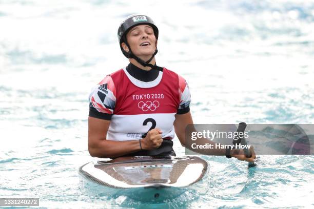 Mallory Franklin of Team Great Britain reacts after her run in the Women's Canoe Slalom Final on day six of the Tokyo 2020 Olympic Games at Kasai...