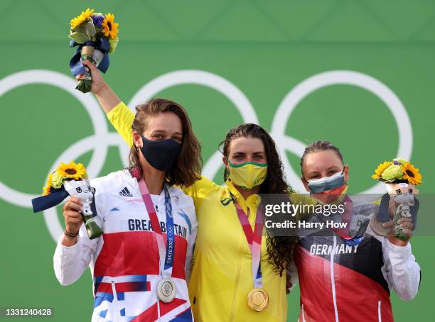 Silver medalist Mallory Franklin of Team Great Britain, gold medalist Jessica Fox of Team Australia and bronze medalist Andrea Herzog of Team Germany...