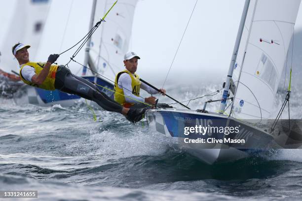 Mathew Belcher and Will Ryan of Team Australia compete in the Men's 470 class on day six of the Tokyo 2020 Olympic Games at Enoshima Yacht Harbour on...