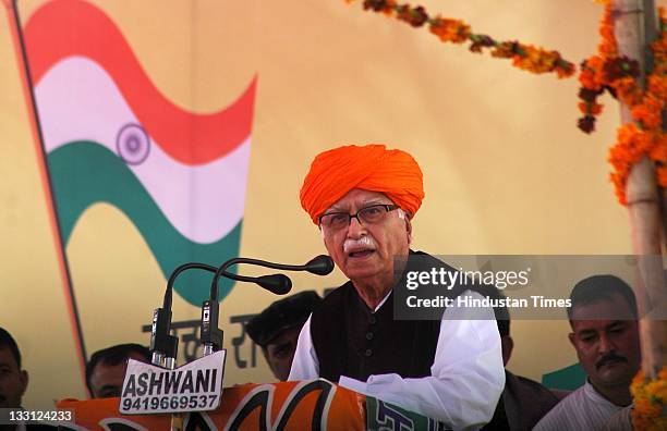 Senior BJP Leader L.K Advani addresses a public rally during his 'Jan Chetna Yatra' on November 16, 2011 in Jammu, India.