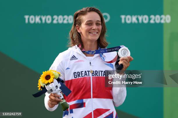 Silver medalist Mallory Franklin of Team Great Britain celebrates at the medal ceremony following the Women's Canoe Slalom Final on day six of the...