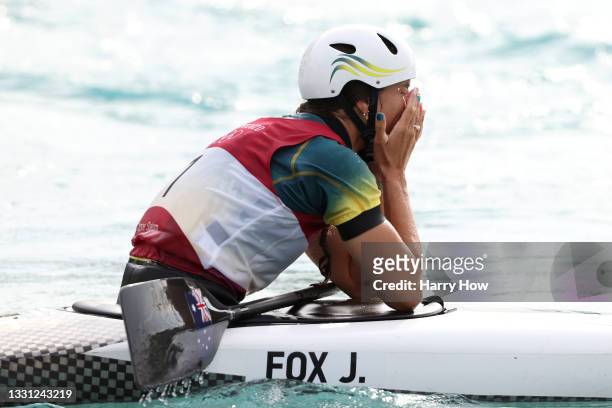 Jessica Fox of Team Australia reacts after her run in the Women's Canoe Slalom Final on day six of the Tokyo 2020 Olympic Games at Kasai Canoe Slalom...