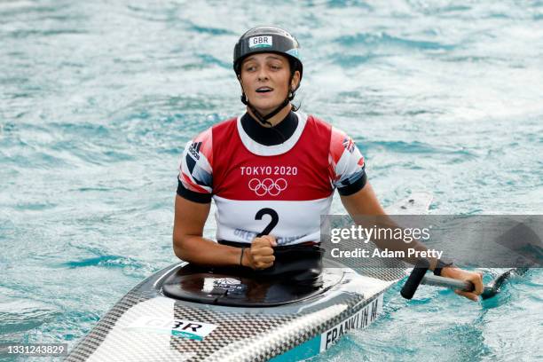 Mallory Franklin of Team Great Britain reacts after her run in the Women's Canoe Slalom Final on day six of the Tokyo 2020 Olympic Games at Kasai...