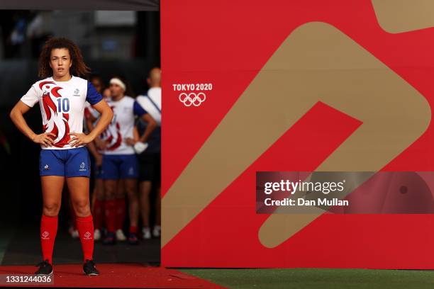 Caroline Drouin of Team France prepares to take the field in the Women’s pool B match between Team France and Team Brazil during the Rugby Sevens on...