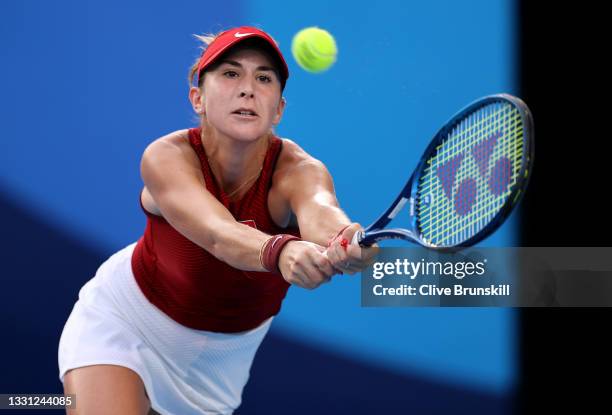 Belinda Bencic of Team Switzerland plays a backhand during her Women's Singles Semifinal match against Elena Rybakina of Team Kazakhstan on day six...