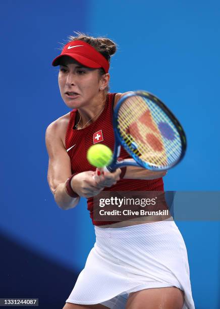 Belinda Bencic of Team Switzerland plays a backhand during her Women's Singles Semifinal match against Elena Rybakina of Team Kazakhstan on day six...