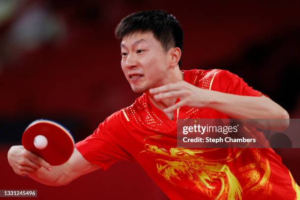 Ma Long of Team China in action during his Men's Singles Semifinals match on day six of the Tokyo 2020 Olympic Games at Tokyo Metropolitan Gymnasium...