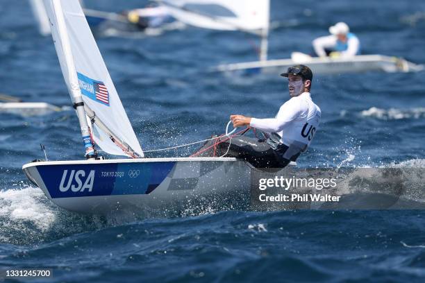 Charlie Buckingham of Team United States competes in the Men's Laser class on day six of the Tokyo 2020 Olympic Games at Enoshima Yacht Harbour on...