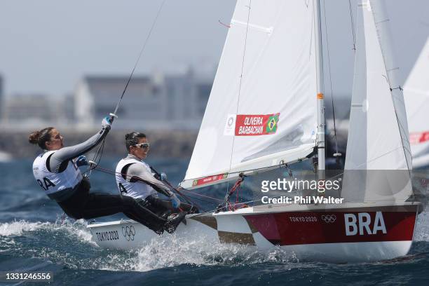Fernanda Oliveira and Ana Barbachan of Team Brazil compete in the Women's 470 class on day six of the Tokyo 2020 Olympic Games at Enoshima Yacht...