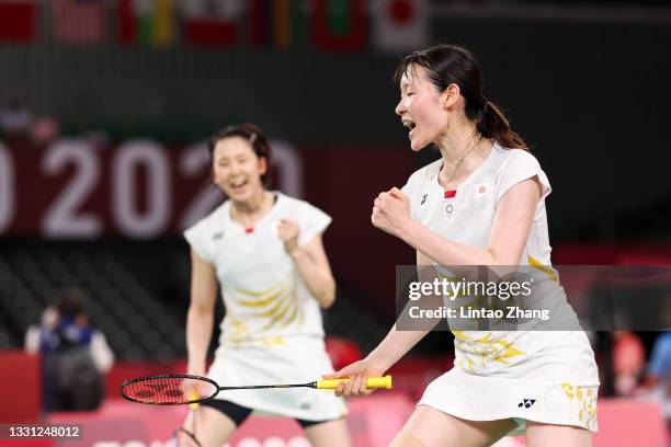 Mayu Matsumoto and Wakana Nagahara of Team Japan react as they compete against Kim Soyeong and Kong Heeyong of Team South Korea during a Women’s...