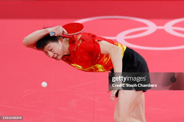 Ma Long of Team China in action during his Men's Singles Semifinals match on day six of the Tokyo 2020 Olympic Games at Tokyo Metropolitan Gymnasium...