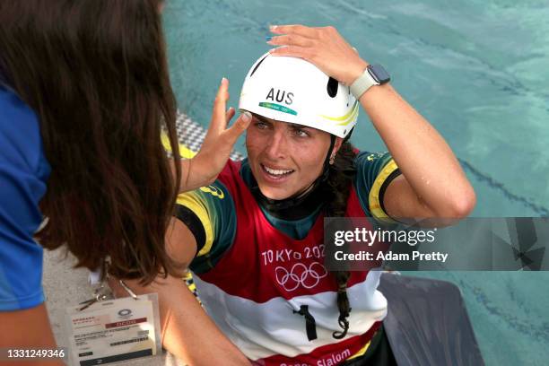 Jessica Fox of Team Australia reacts after her run in the Women's Canoe Slalom Final on day six of the Tokyo 2020 Olympic Games at Kasai Canoe Slalom...