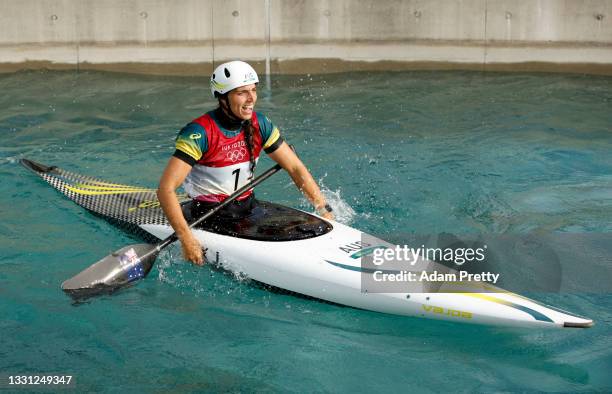 Jessica Fox of Team Australia reacts after her run in the Women's Canoe Slalom Final on day six of the Tokyo 2020 Olympic Games at Kasai Canoe Slalom...