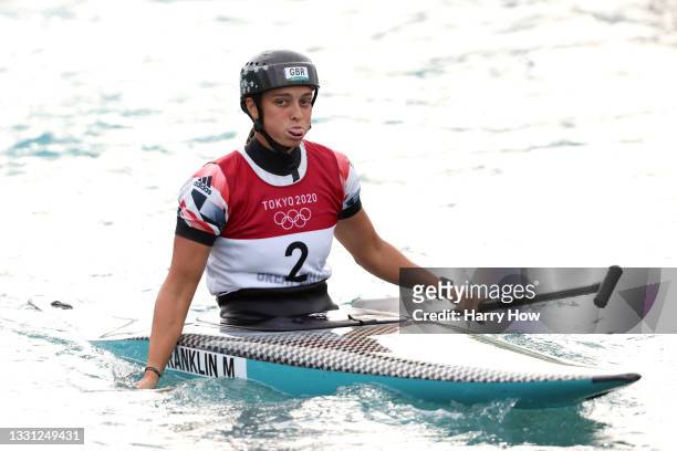 Mallory Franklin of Team Great Britain reacts after her run in the Women's Canoe Slalom Final on day six of the Tokyo 2020 Olympic Games at Kasai...