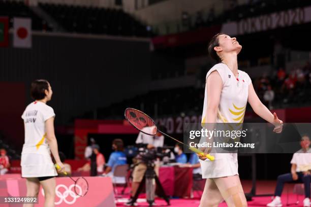 Mayu Matsumoto and Wakana Nagahara of Team Japan react after being defeated by Kim Soyeong and Kong Heeyong of Team South Korea during a Women’s...