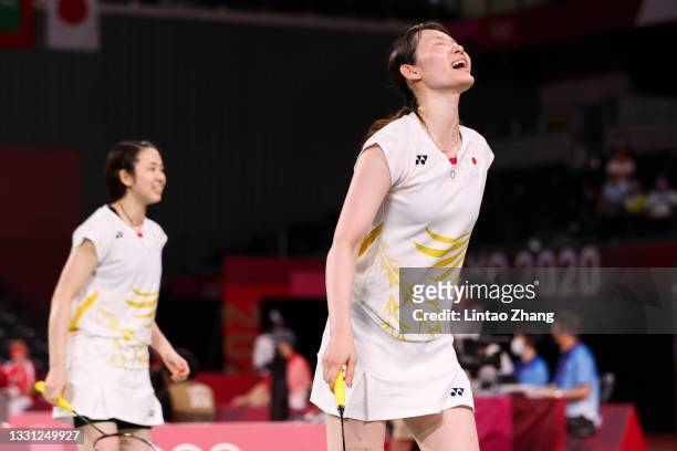 Mayu Matsumoto and Wakana Nagahara of Team Japan react after being defeated by Kim Soyeong and Kong Heeyong of Team South Korea during a Women’s...