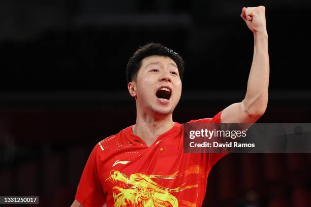 Ma Long of Team China celebrates winning his Men's Singles Semifinals match on day six of the Tokyo 2020 Olympic Games at Tokyo Metropolitan...