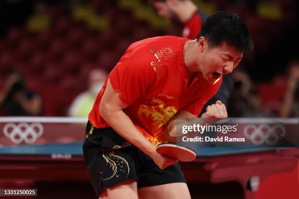 Ma Long of Team China reacts during his Men's Singles Semifinals match on day six of the Tokyo 2020 Olympic Games at Tokyo Metropolitan Gymnasium on...