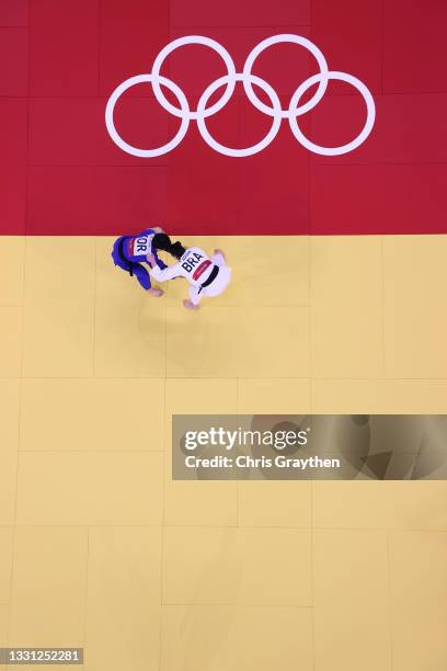 Mayra Aguiar of Team Brazil and Hyunji Yoon of Republic of Korea compete during the Women’s Judo 78kg Contest for Bronze Medal B on day six of the...