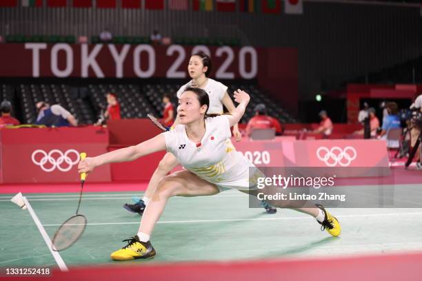 Mayu Matsumoto and Wakana Nagahara of Team Japan compete against Kim Soyeong and Kong Heeyong of Team South Korea during a Women’s Doubles...