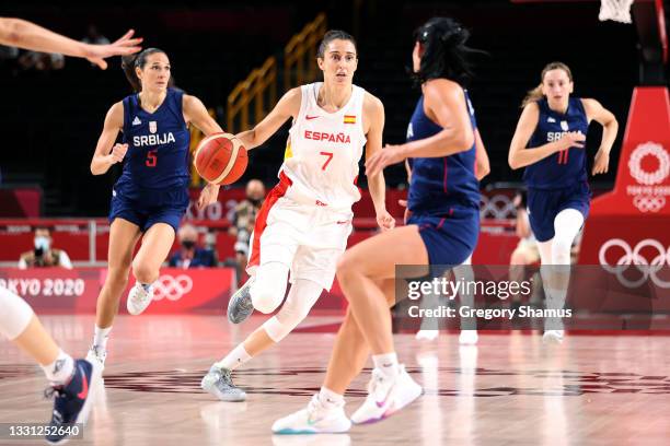 Team Spain forward Alba Torrens brings the ball up the court against Serbia during the first half of a Women's Preliminary Round Group A game on day...