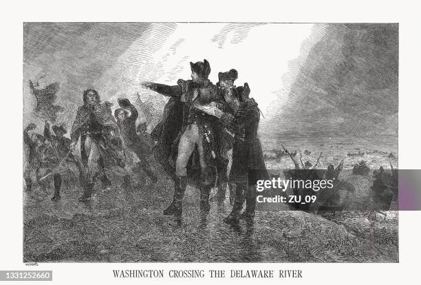 washington crossing the delaware (1776), wood engraving, published ca. 1880 - revolutionary war soldier stock illustrations