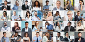 Set of male and female business portraits. Corporate employees of all ages and races showing various face expressions
