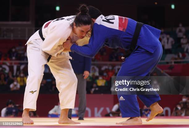 Mayra Aguiar of Team Brazil and Hyunji Yoon of Republic of Korea during the Women’s Judo 78kg Contest for Bronze Medal B on day six of the Tokyo 2020...