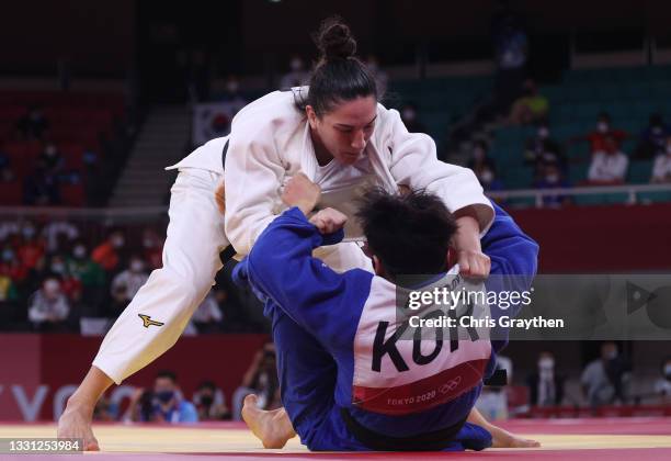 Mayra Aguiar of Team Brazil and Hyunji Yoon of Republic of Korea compete during the Women’s Judo 78kg Contest for Bronze Medal B on day six of the...