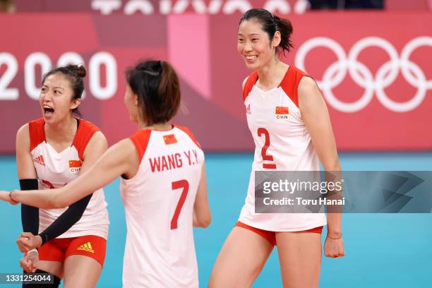 Ting Zhu of Team China celebrates against team ROC during the Women's Preliminary - Pool B volleyball on day six of the Tokyo 2020 Olympic Games at...