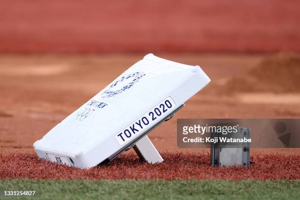 Base is seen prior to the baseball Opening Round Group B game between Team Israel and Team Republic of Korea on day six of the Tokyo 2020 Olympic...