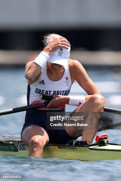 Victoria Thornley of Team Great Britain reacts after coming in second during the Women's Single Sculls Semifinal A/B 2 on day six of the Tokyo 2020...