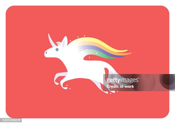 running unicorn with colorful mane - unicorn horn stock illustrations