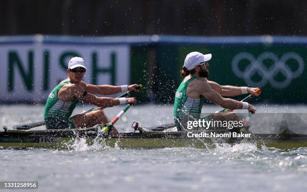 Fintan Mccarthy and Paul O'Donovan of Team Ireland on their way to winning the gold medal during the Lightweight Men's Double Sculls Final A on day...