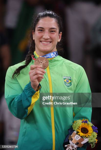 Mayra Aguiar of Team Brazil poses on the podium with the bronze medal during the medal ceremony for the Women’s Judo 78kg event on day six of the...