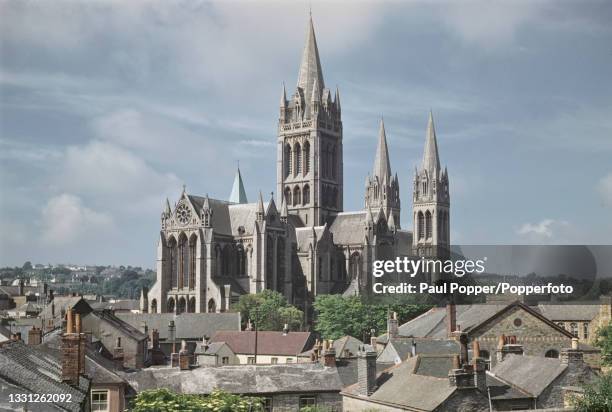 Exterior view of the Cathedral of the Blessed Virgin Mary in the city of Truro in Cornwall, England circa 1960. The cathedral was built between 1880...