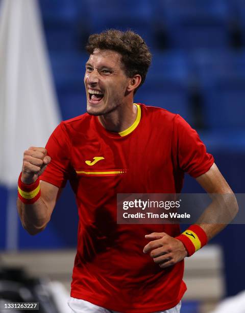 Pablo Carreno Busta of Team Spain celebrates victory after his Men's Singles Quarterfinal match against Daniil Medvedev of Team ROC on day six of the...