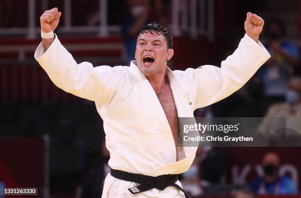 Aaron Wolf of Team Japan reacts after defeating Guham Cho of Team Republic of Korea during the Men’s Judo 100kg Final on day six of the Tokyo 2020...