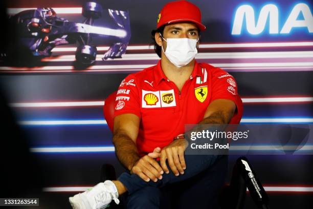 Carlos Sainz of Spain and Ferrari talks in the Drivers Press Conference during previews ahead of the F1 Grand Prix of Hungary at Hungaroring on July...