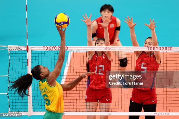 Fernanda Rodrigues of Team Brazil attacks at the net during the Women's Preliminary - Pool B volleyball match between Brazil and Japan on day six of...