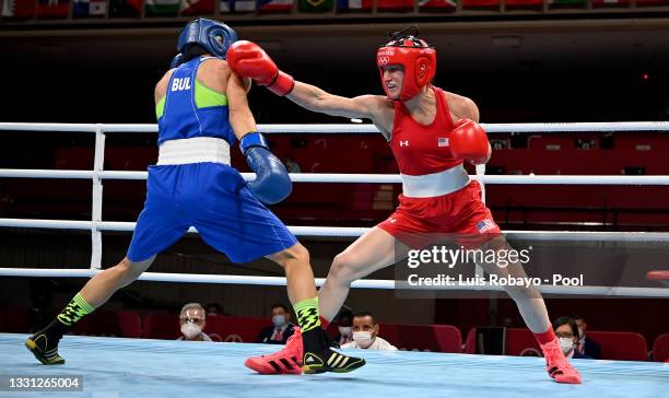 Virginia Fuchs of the United States exchanges punches with Stoyka Zhelyazkova Krasteva of Bulgaria during the Women's Fly on day six of the Tokyo...