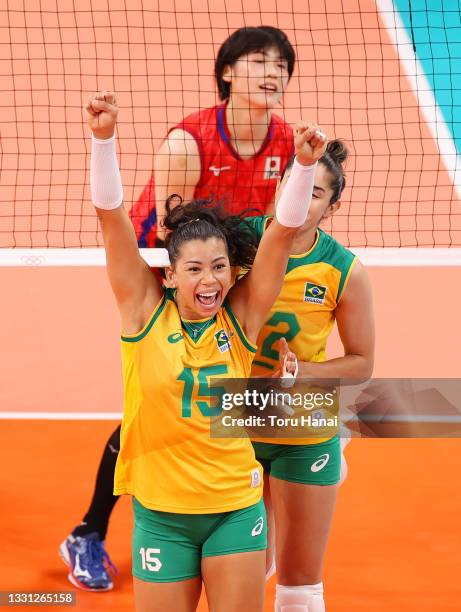 Ana Carolina da Silva of Team Brazil celebrates during the Women's Preliminary - Pool B volleyball match between Brazil and Japan on day six of the...