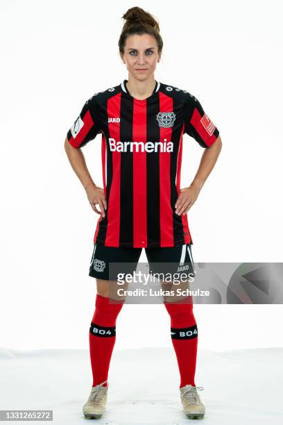 Jessica Wich of Bayer 04 Leverkusen Women's poses during the team presentation at BayArena on July 28, 2021 in Leverkusen, Germany.