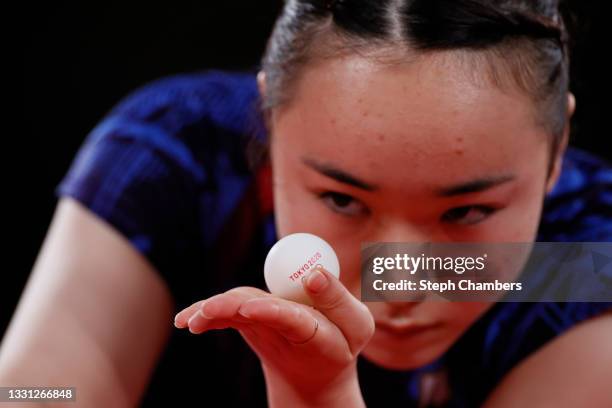 Ito Mima of Team Japan serves the ball during her Women's Singles Bronze Medal match on day six of the Tokyo 2020 Olympic Games at Tokyo Metropolitan...