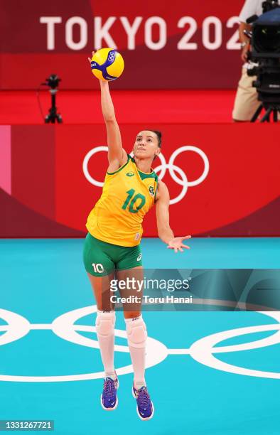 Gabriela Braga Guimaraes of Team Brazil serves during the Women's Preliminary - Pool B volleyball match between Brazil and Japan on day six of the...