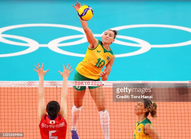 Gabriela Braga Guimaraes of Team Brazil hits the ball during the Women's Preliminary - Pool B volleyball match between Brazil and Japan on day six of...