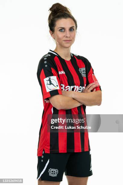 Jessica Wich of Bayer 04 Leverkusen Women's poses during the team presentation at BayArena on July 28, 2021 in Leverkusen, Germany.