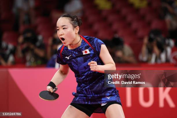 Ito Mima of Team Japan reacts during her Women's Singles Bronze Medal match on day six of the Tokyo 2020 Olympic Games at Tokyo Metropolitan...